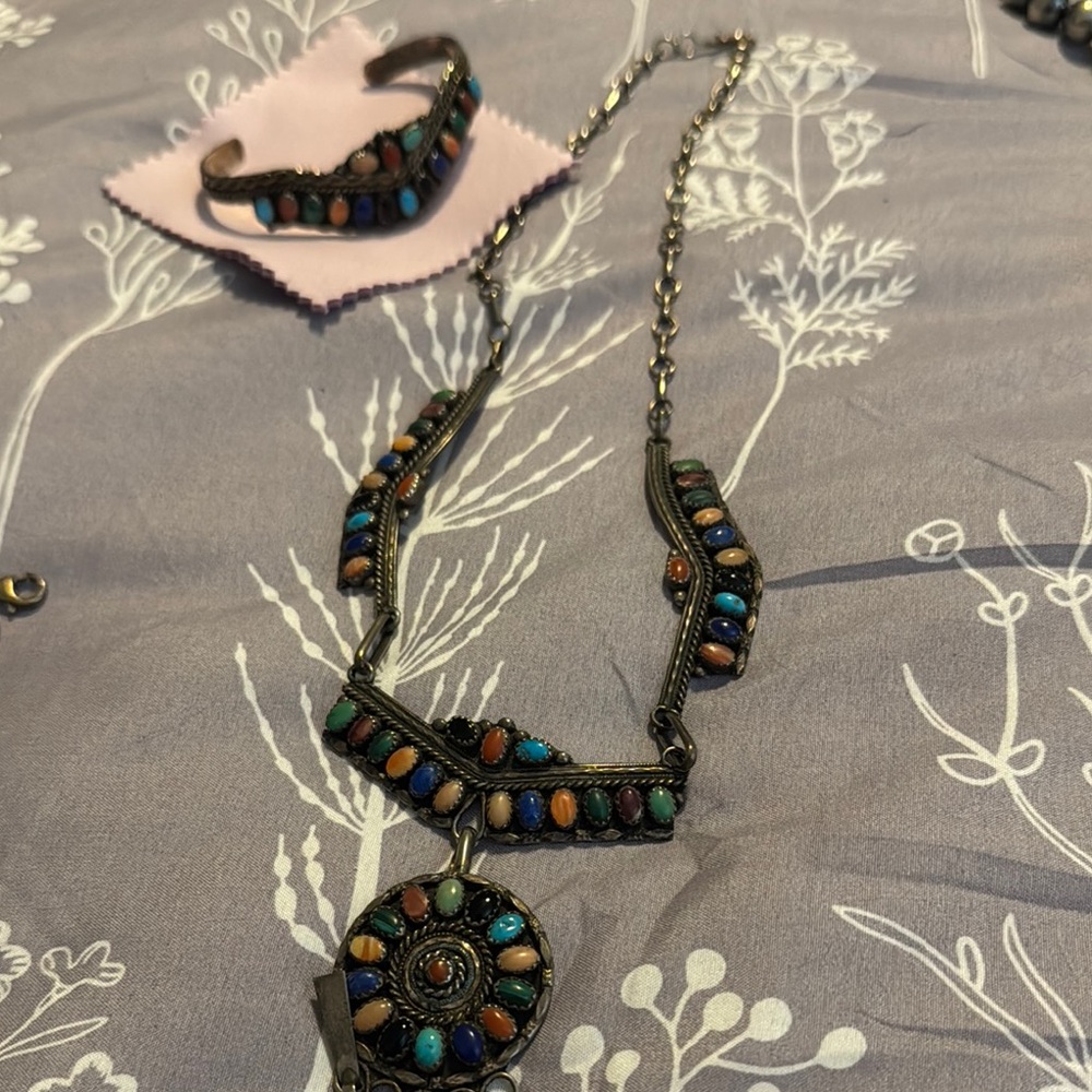 Vintage Native American multistone necklace with matching cuff bracelet sterling